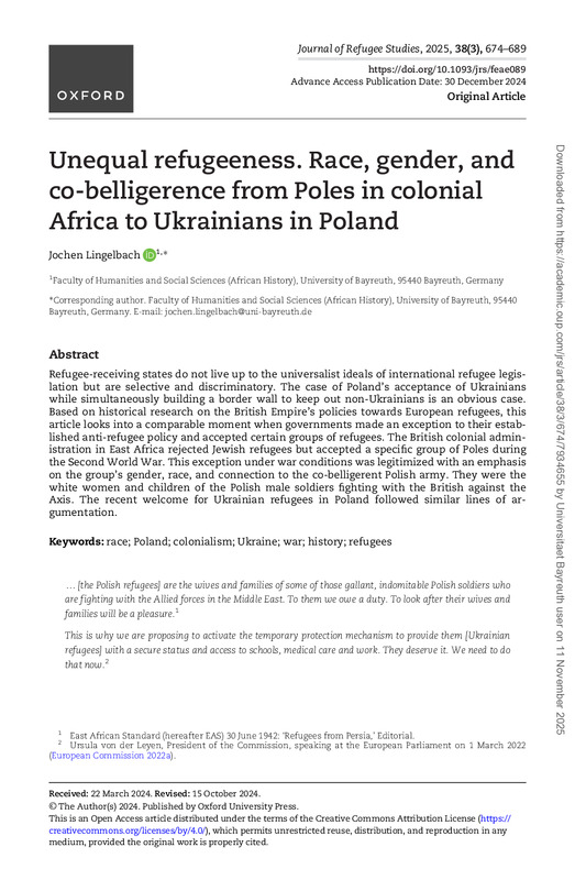 Unequal refugeeness : Race, gender, and co-belligerence from Poles in colonial Africa to Ukrainians in Poland