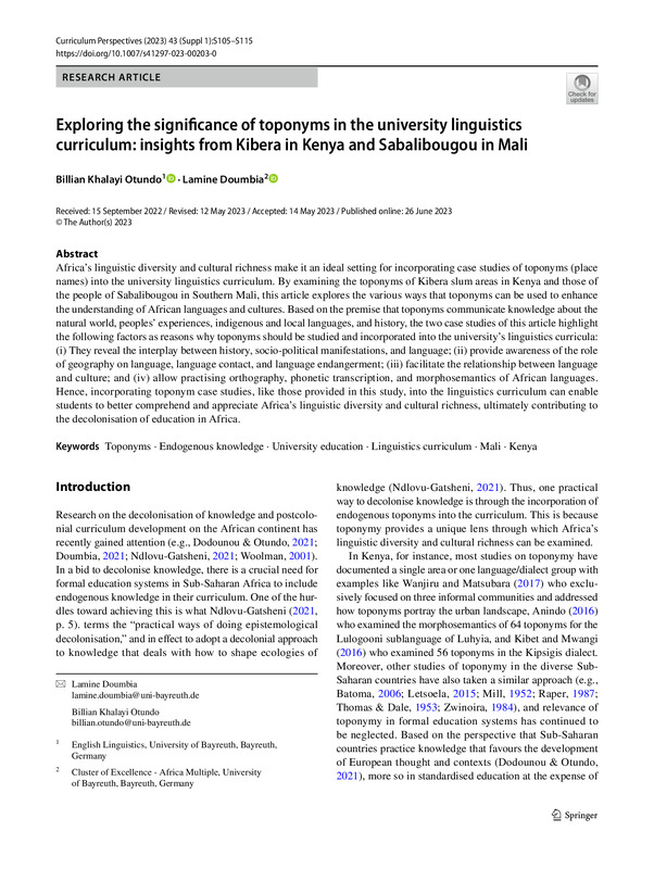 Exploring the significance of toponyms in the university linguistics curriculum : insights from Kibera in Kenya and Sabalibougou in Mali