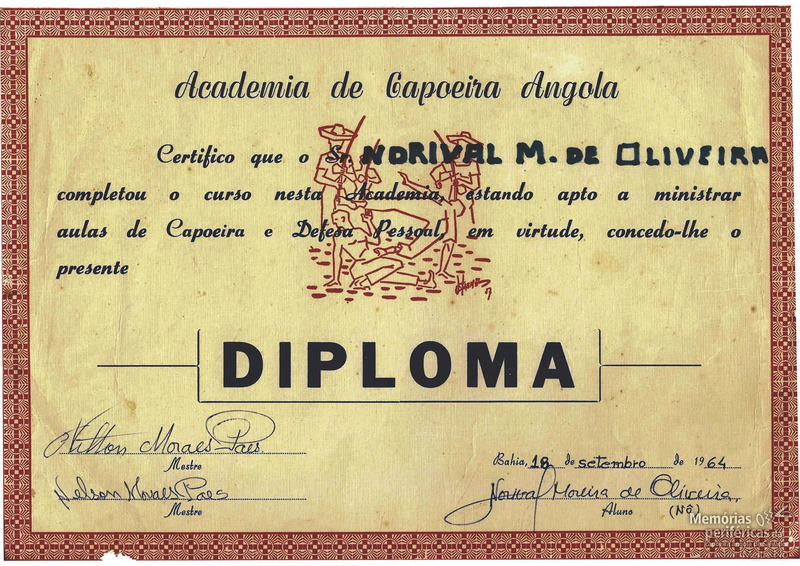 Diploma emitido ao Mestre No pela Academia de Capoeira Angola