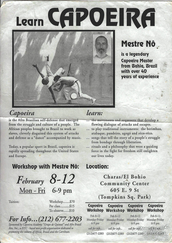 Flyer de divulgação das aulas de capoeira do Mestre Nô em Inglês