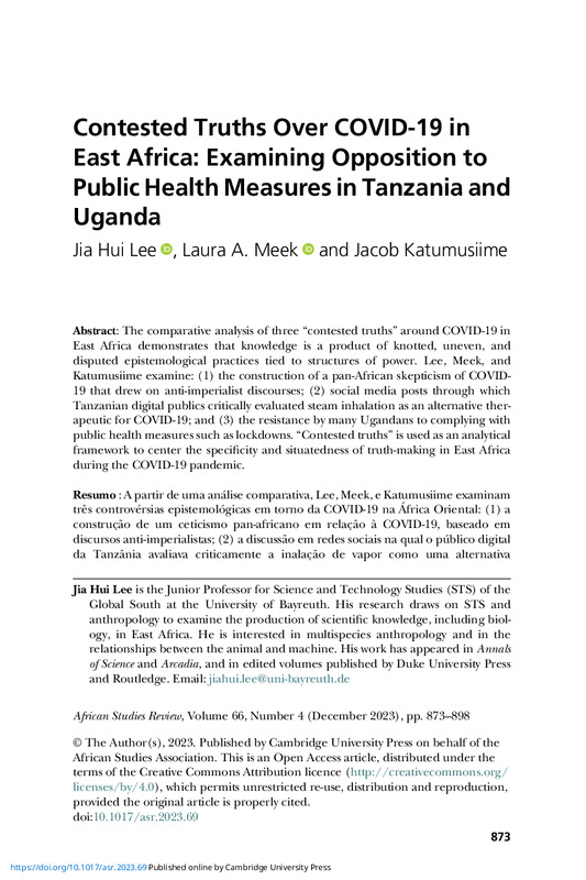 Contested Truths Over COVID-19 in East Africa : Examining Opposition to Public Health Measures in Tanzania and Uganda