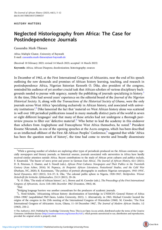 Neglected Historiography from Africa : The Case for Postindependence Journals