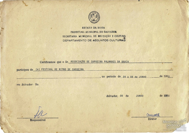 Certificação de participação da Associação Palmares da Bahia no Festival Ritmo de Capoeira de 1980