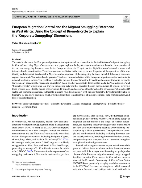 European Migration Control and the Migrant Smuggling Enterprise in West Africa : Using the Concept of Biometricycle to Explain the "Corporate Smuggling" Dimensions