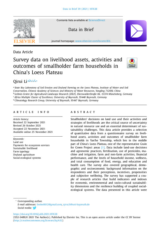 Survey data on livelihood assets, activities and outcomes of smallholder farm households in China's Loess Plateau